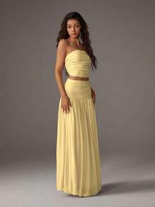 Unity Conjunto de 2 piezas de top corto de bustier de malla de unicolor y falda larga para mujer - Amarillo claro - Ver 7