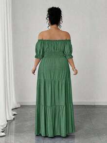 Vestido casual elegante de talla grande para mujer de primavera/verano, en azul sólido de aspecto de mezclilla con cintura fruncida y con abertura lateral - Verde - Ver 2