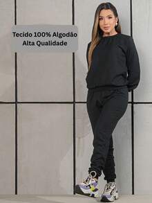 Women's Fleece Set: Long-Sleeved Sweatshirt And Jogger Pants, Flannel Lined, Premium Cotton, Comfortable - màu đen - Xem 6