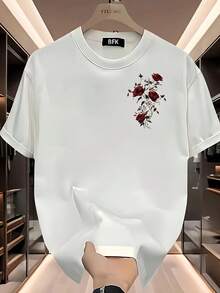 Men's T-Shirt With Red Rose Floral Print - Semi-Formal Casual Short-Sleeved Crew Neck Shirt, Breathable, Suitable For Summer, Outdoor Activities, Sports And Everyday Wear - Durable Fabric - 白色 - 查看 1