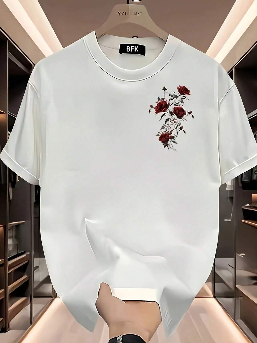 Men's T-Shirt With Red Rose Floral Print - Semi-Formal Casual Short-Sleeved Crew Neck Shirt, Breathable, Suitable For Summer, Outdoor Activities, Sports And Everyday Wear - Durable Fabric - 白色 - 查看 1