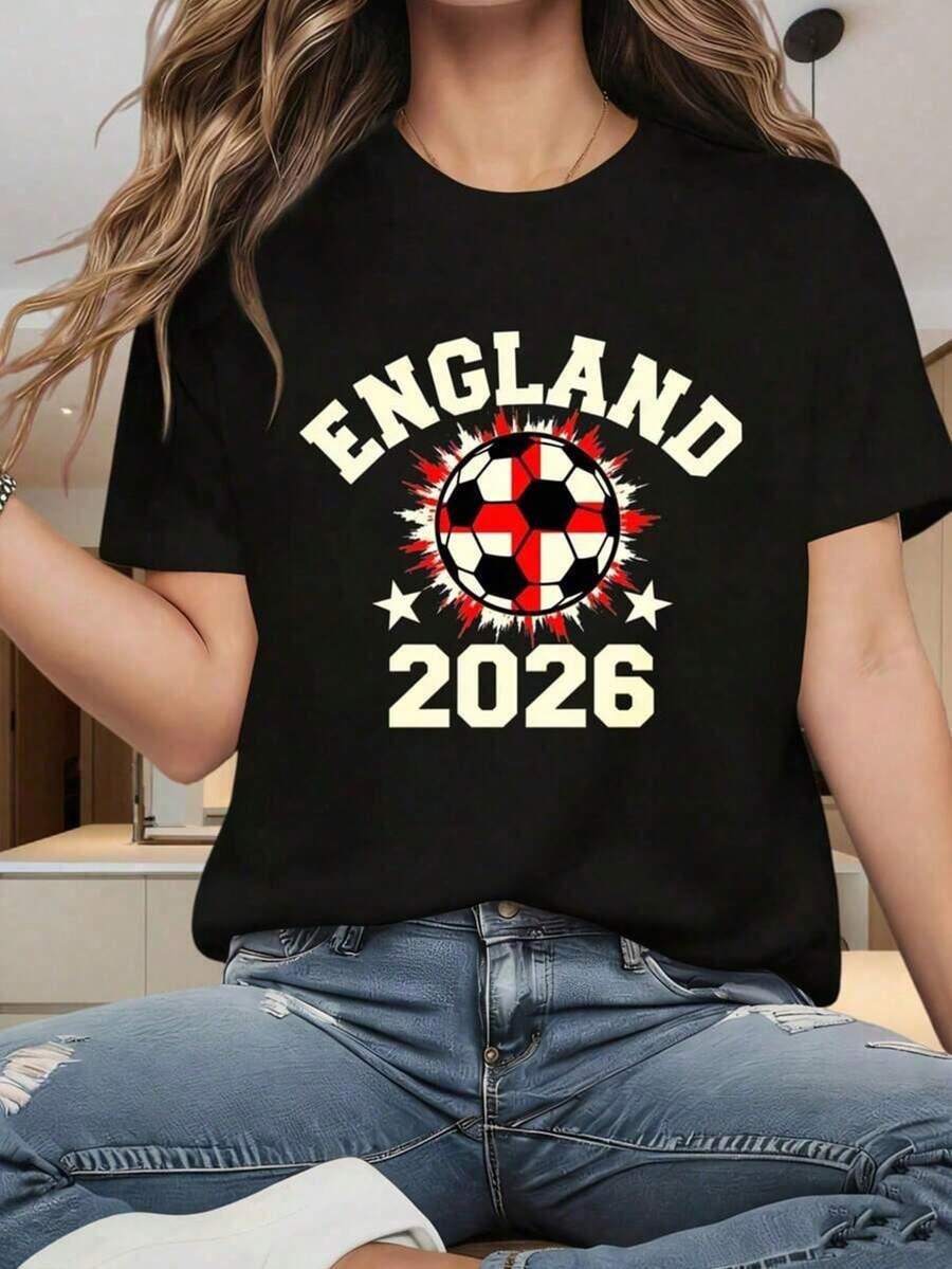 Mujer Camiseta de manga corta con estampado térmico de balón de fútbol y letras de Inglaterra en tonos rojo y blanco, diseño de balón con elementos de bandera, tema fútbol - Negro - Ver 1