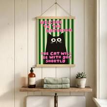 1 pieza Arte de pared de baño con gato negro divertido "El gato estará contigo en breve" Impresión en lienzo|Decoración del hogar moderna con rayas verdes de dopamina para baño, dormitorio, sala de estar o inodoro, póster de gatito lindo, regalo para ella, sin marco, pergamino colgante de madera o enmarcado - patrón - Ver 4