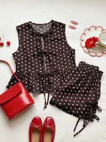 Set de 2 piezas de ropa de mujer con top tipo camiseta con cordones y shorts a cuadros, ideal para el Día de San Valentín - Marrón - Ver 7