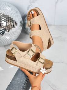 Adjustable Women's Woven Straw Pattern Sandals, Women's Double Strap Buckle Backstrap Open Toe Thick Bottom Casual Shoes, Platform Thick Bottom Sandals, Summer Holiday Style - Checkered Khaki - View 6