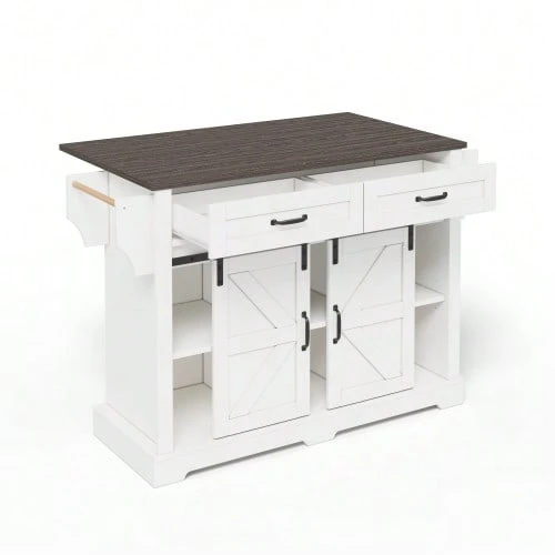 Kitchen Island With Fold-Down Worktop, Kitchen Trolley On Casters, Kitchen Unit With 2 Sliding Doors And 2 Drawers, Barn Style, White, Kitchen Storage Unit, 120 * 45 (70) * 91 Cm - 白色 - 查看 1