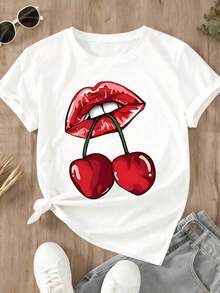 Camiseta de Cuello Redondo para Mujer con Estampado de Labios de Cereza, Estilo Casual para Salidas Diarias y Actividades en la Playa - Estilo Urbano Vintage, Unisex, de Algodón, Manga Corta, Cuello Redondo - Blanco - Ver 2