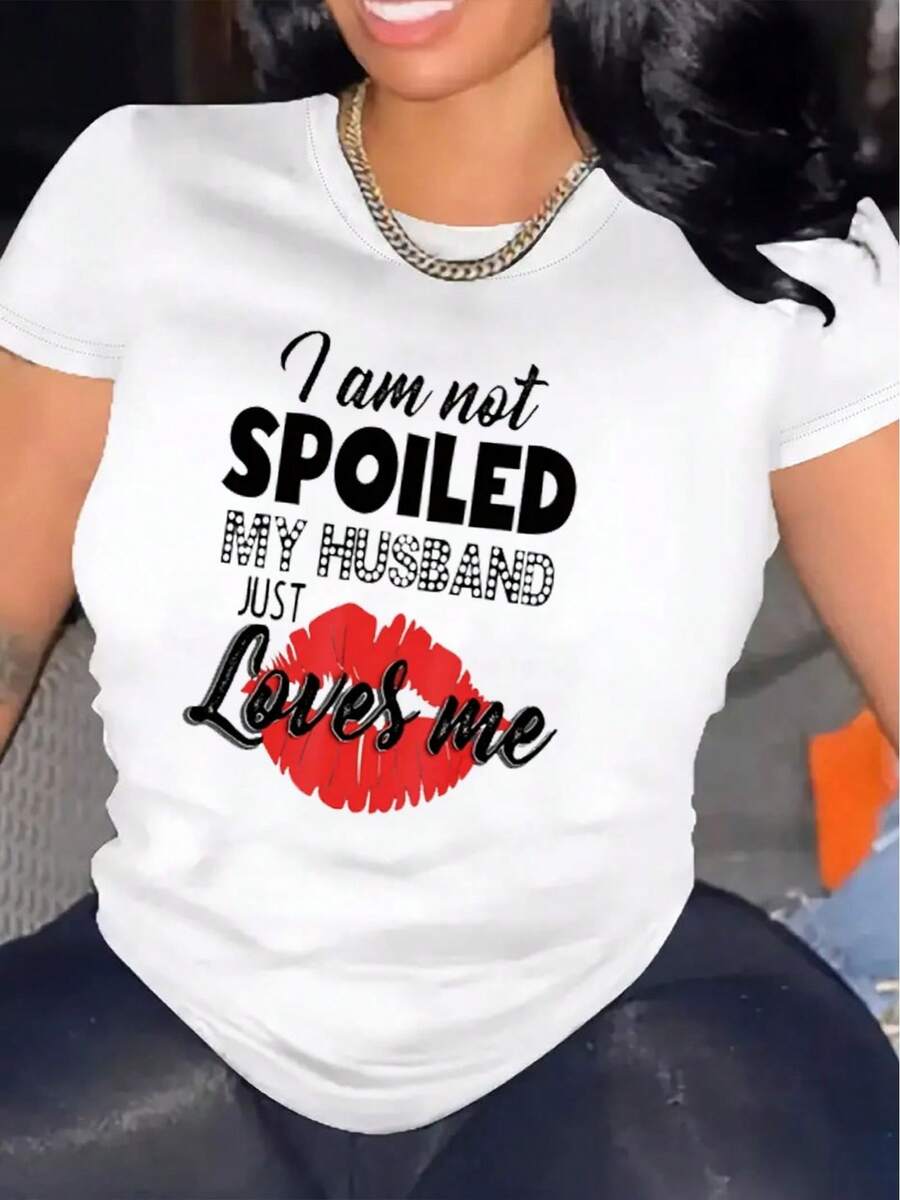 1 Piece Of Women's Casual Short-Sleeved T-Shirt "I'm Not Spoiled", 100% Thick Cotton - Comfortable Round Neck, Soft And Pretty Top, 180g 100% Cotton. - 白色 - 查看 1