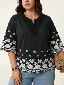 Blusa de verano de talla grande, de unicolor, hueca, bordada, casual, para vacaciones, temporada de bodas, nuevo diseño de playa para mujer - Negro - Ver 6