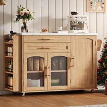 Mobile Kitchen Island With Folding Worktop, Kitchen Trolley, 5 Wheels, Multiple Storage Compartments, Spice Rack, Cutlery Drawer, 120 X 45 (70) X 90 Cm - 自然色 - 查看 5