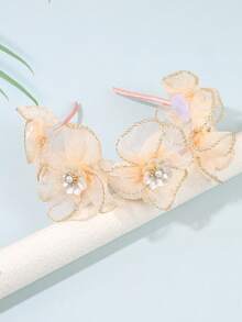 1pc Beige Girls' Mesh Headband With Shiny Floral Pearl Decor, Elegant Hair Accessory For Daily, Party, Gift, Holiday, Wedding, Suitable For Teenagers - Beige - View 4