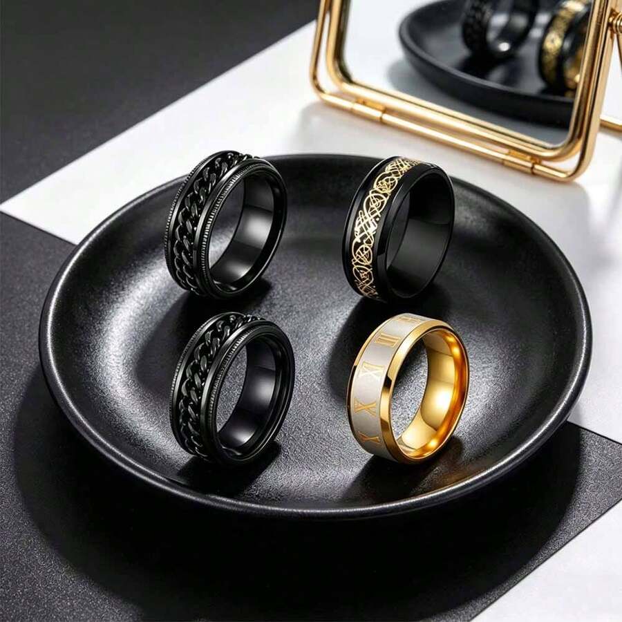 4pcs/Set Men's Rotatable Dragon Pattern Stainless Steel Roman Chain Ring Set, Men's Rings, Men's Wedding Engagement Rings, Jewelry Gift, Comfortable Fit, Size 6-13