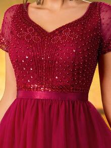 Robe de demoiselle d'honneur d'été pour femmes avec paillettes, maille contrastée et fente, convient pour les banquets de soirée formels, les fêtes et les mariages - Rouge foncé - Voir 6
