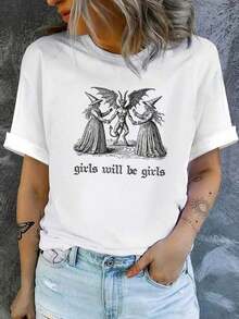Nueva Colección 2026: Camiseta de Algodón para Mujer con Estampado Gótico de Bruja y, Camiseta Casual de Manga Corta, Cuello Redondo, Hombros Caídos, Largo Regular, Tela de Elasticidad Media, Top Bonito y Elegante, Algodón Ligero - Blanco - Ver 1