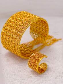 2pcs 18K Gold Plated Alloy Bracelet & Ring Set, Fashion Jewelry Suit For Wedding, Party - Yellow Gold - View 15