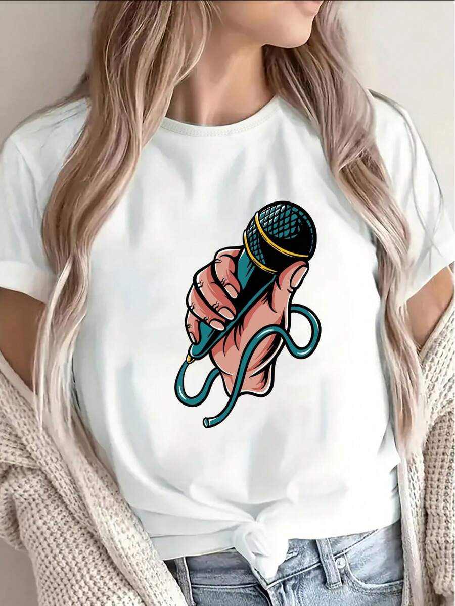 Soft 100% Cotton T-Shirt With A Music-Themed Microphone Print - Black Base, Short Sleeves, Crew Neck, Featuring An Iconic Microphone Design, Comfortable Fit, Suitable For Concerts, Casual Wear, And Music Lovers. Breathable Cotton T-Shirt, Goes With Everything. - 白色 - 查看 1