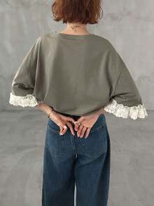Camiseta de manga corta para mujer con ajuste holgado, estampado de letras, parches de encaje, de algodón transpirable, versátil para primavera/verano, camisetas gráficas oversize para mujer - Verde militar - Ver 7
