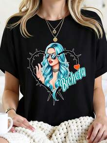 Camiseta de mujer con hermoso estampado, cuello redondo casual, tela suave y elástica, lavable a máquina, top de moda de verano, ropa a la moda, camiseta de ajuste cómodo, regalo para el Día de la Madre, camiseta estampada estilo vacaciones, ropa urbana, top holgado, casual y versátil. - Negro - Ver 9
