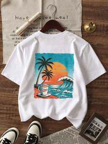Blusas Bonito para Mujer, Estética Y2K, Camiseta Oversize con Hombros Caídos, Estampado Vintage de Palmera, Atardecer y Café, Manga Corta, Estilo Retro de los 90, Top Casual Holgado para Vacaciones, Camiseta Gráfica de Playa y Surf con Efecto Desgastado, Ropa Estética E-Girl, Atuendo Y2K Core, Tops Casuales de Verano, Perfecto para Uso Diario, Regreso a la Escuela, Citas, Vacaciones en la Playa, Viajes en Yate, Viajes, Festivales de Música, Raves, Fiestas, Estilo Urbano, Club, Viajes Diarios, Esencial para el Verano de Chicas Modernas, Camiseta Casual para Tallas Grandes, Ropa de Moda para Mujer 100% Algodón, Blusas Para Mujer Casual - Blanco - Ver 7