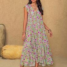 Plus Size Bohemian Floral Maxi Dress, Suitable For Summer Parties, Beach Vacations, Music Festivals, Hawaii Tropical Holidays And Other Occasions - Rosa vieja - Ver 2