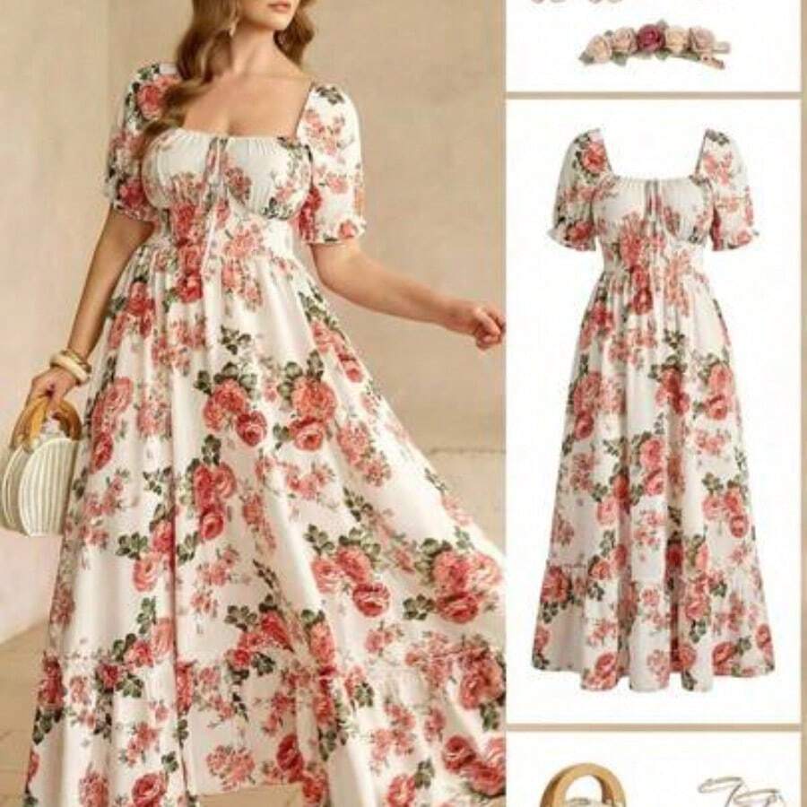 Vionelle Plus Size Sweet Romantic Pink Square Neck Bow Tie Ruffle Hem Long Dress Easter Wear - Multicolor - Ver 1