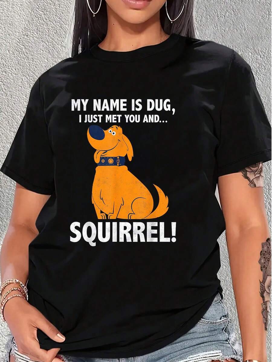 Ilustración divertida de un perro naranja con expresión amigable y mensaje humorístico que transmite alegría y simpatía perfecta para amantes de los animales camiseta de mujer de manga corta casual cómoda para uso diario - Negro - Ver 1