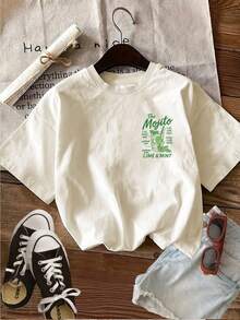 Women's Graphic Print Crew Neck T-Shirt | Retro Style, Casual Summer T-Shirt With "The Mojito" And Lime Print, Short Sleeve, Pure Cotton Short Sleeve Shirt. - 杏色 - 查看 2