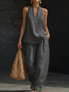 2026 Spring/Summer New Women's Halter Neck V-Neck Sleeveless Casual Two-Piece Set Suitable For Daily Casual Wear, Beach Vacations, And Dates - 灰色 - 查看 1