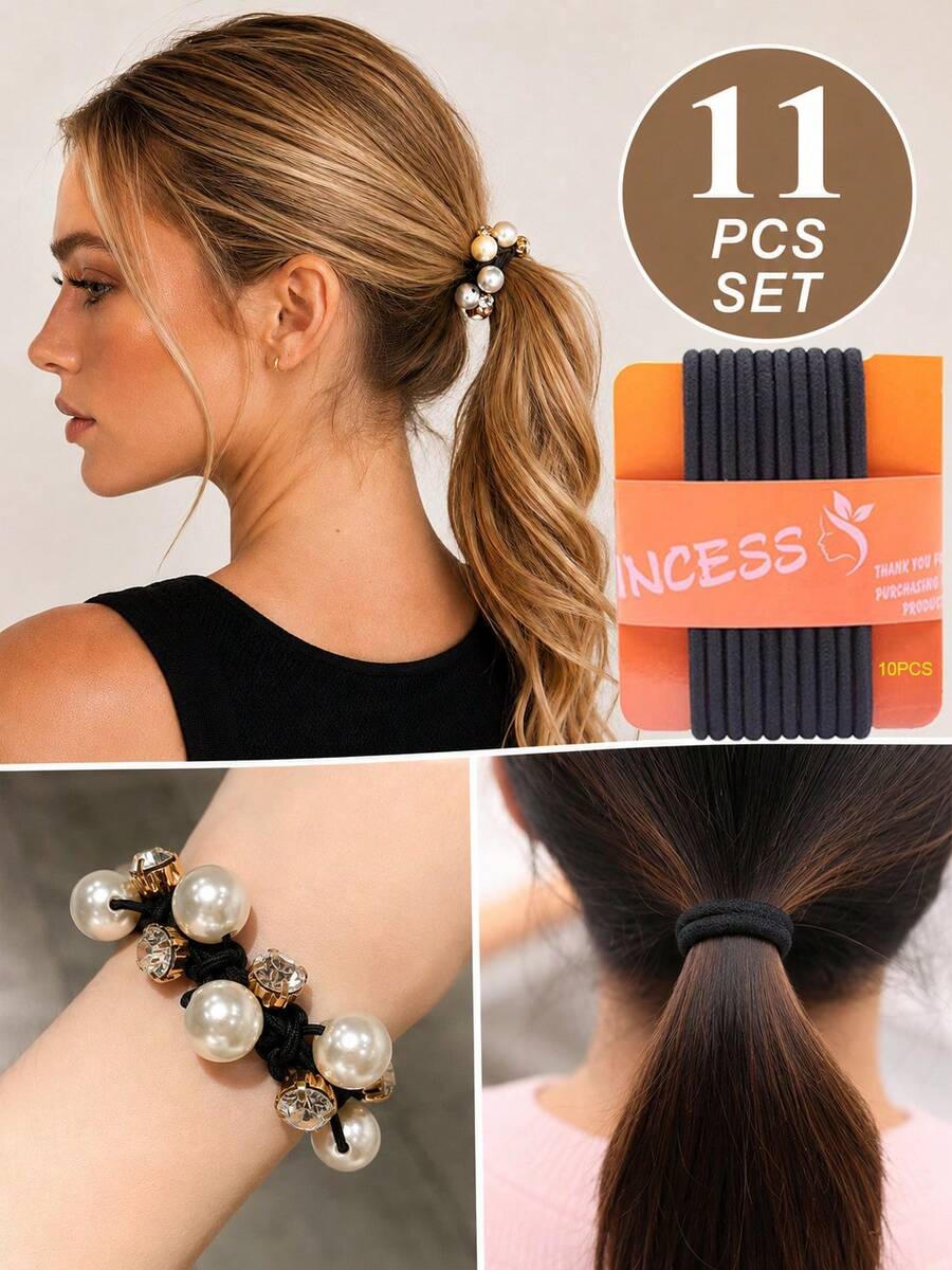 topshiny Bộ 11 dây buộc tóc co giãn kèm đá ngọc trai và đính đá, màu đen cơ bản, dùng để buộc tóc đuôi ngựa hàng ngày.