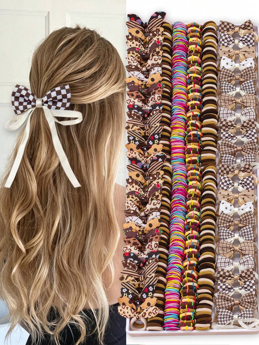 VBOOR 184件組復古柔軟布料髮飾套裝，包含雪紡緞帶蝴蝶結、豹紋、格紋、圓點兔耳髮圈、日常白色髮冠、髮繩、髮夾 - 彩色 - 查看 1