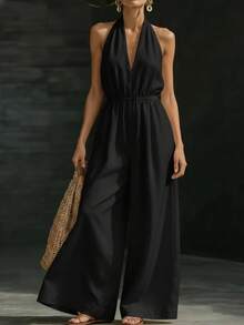 New Women's Summer Jumpsuit, Designer, Elegant, French Style, V-Neck Halter Top, Perfect For Office, Daytime Looks And Casual Occasions, Flattering - 黑色 - 查看 6