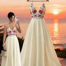 V-Neck Backless Tie-Up Hem Slit Waist Flattering Floral Print Dress, Elegant Casual Vacation Holiday Outfit - Multicolor - Ver 10