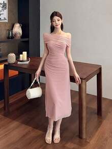 Vestido de hombros abiertos de unicolor, vestido de fiesta elegante para cumpleaños, Año Nuevo, baile de graduación, vestido de cóctel de hombros descubiertos de largo maxi - Rosa Pálido - Ver 4