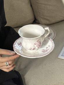 1 pieza Juego de vajilla de cerámica francesa retro rosa con relieve, que incluye plato de servir, taza de café y platillo, bol de arroz, bol de postre, vajilla, plato de cerámica, serie de taza de café y platillo, plato de postre, regalo de vacaciones/recuerdo Vuelta al colegio - Multicolor - Ver 5
