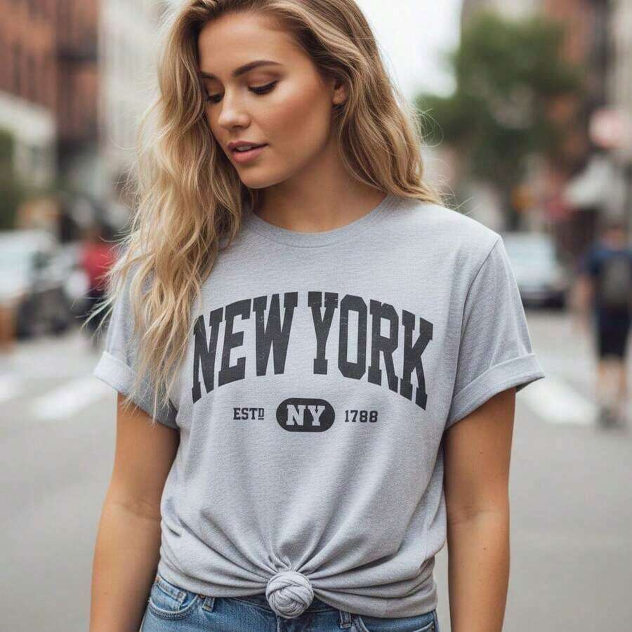 Women's Cotton T-Shirt With "NEW YORK ESTD 1788" Print, Classic Round Neck, Short Sleeve, Casual Style, Loose Fit, Sizes S-5XL, Vintage Letter Print For Everyday Wear, In Black And White. - 淺灰色 - 查看 1