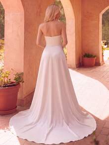 Faeriesty Váy cưới dài cúp ngực màu trắng ngà thanh lịch với đường viền cổ đính hạt và đường xẻ tà, váy cưới lãng mạn. - trắng - Xem 2