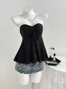 Top de tirantes con cintura ceñida y estampado de lunares, trajes de baño de primavera/verano para mujeres con parte superior de lunares con lazo, blusas de verano para mujeres con estampado de lunares, top sin tirantes con estampado de lunares - Negro - Ver 3