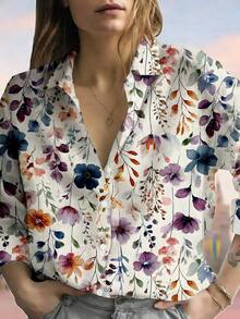Selamara Camisa de mujer de manga larga con botones y estampado casual, adecuada para paseos y estilismo casual, elegante manga larga, estilo relajado, ajuste cómodo, diseño innovador - Multicolor - Ver 3