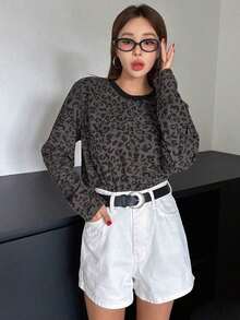 Camiseta de manga corta holgada de cuello redondo con estampado de leopardo casual para mujer, blusas de manga larga para mujer de otoño, ropa de mujer de otoño - Gris - Ver 3