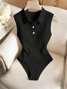 Elegante body de punto blanco con cuello vuelto y media cremallera, body de mujer para primavera/verano, ideal para vacaciones y playa - Negro - Ver 1