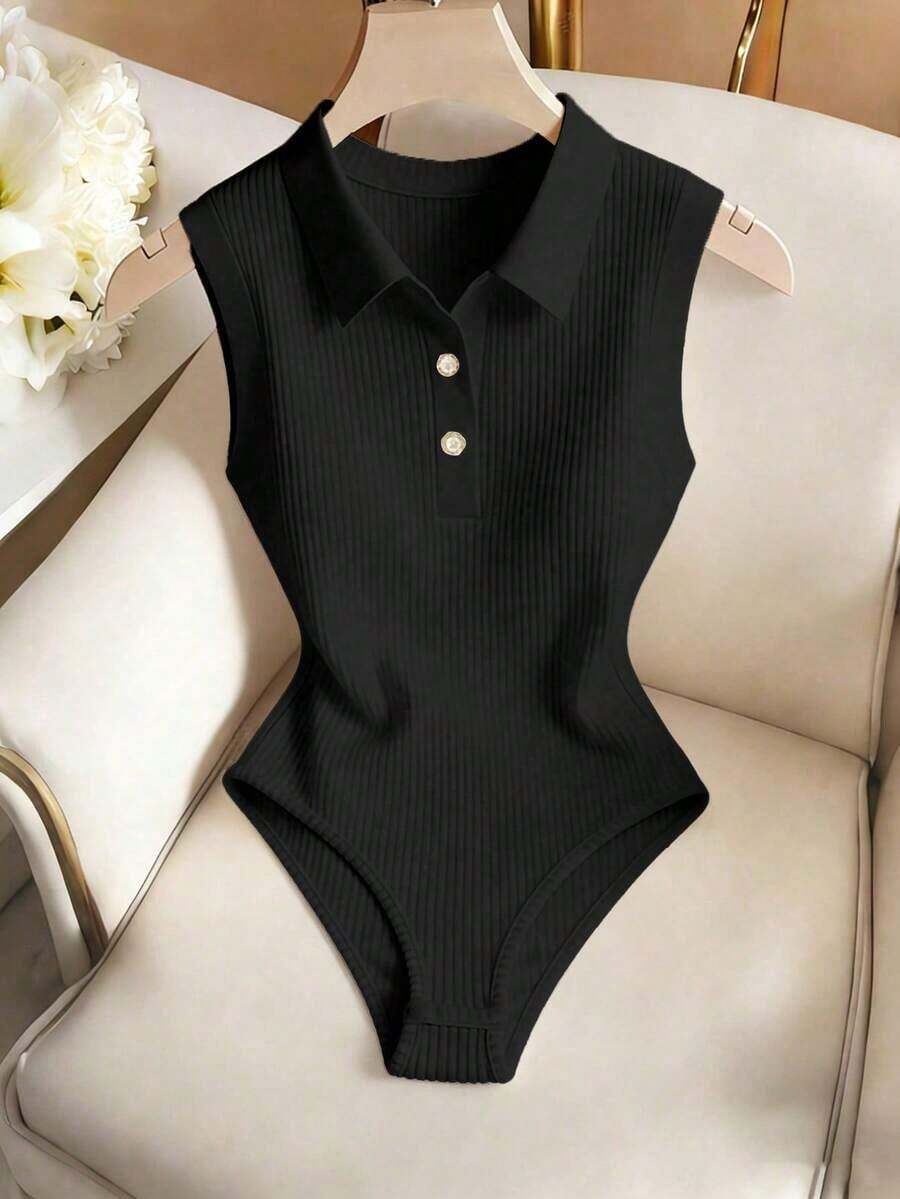 Elegante body de punto blanco con cuello vuelto y media cremallera, body de mujer para primavera/verano, ideal para vacaciones y playa - Negro - Ver 1