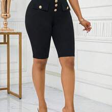 Lady Women's High Waist Button Casual Versatile Daily Wear Shorts - Negro - Ver 5