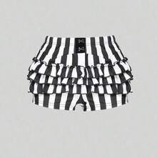 ROMWE Spring/Summer Carnival Party Casual Summer Gothic Black & White Striped Cake Skirt Shorts For Women - Blanco y Negro - Ver 2