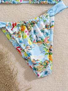 Swim Mod Conjunto de bikini de dos piezas con estampado de frutas y verduras en todo el diseño, con escote halter y lazos, para vacaciones de verano - Multicolor 2 - Ver 5