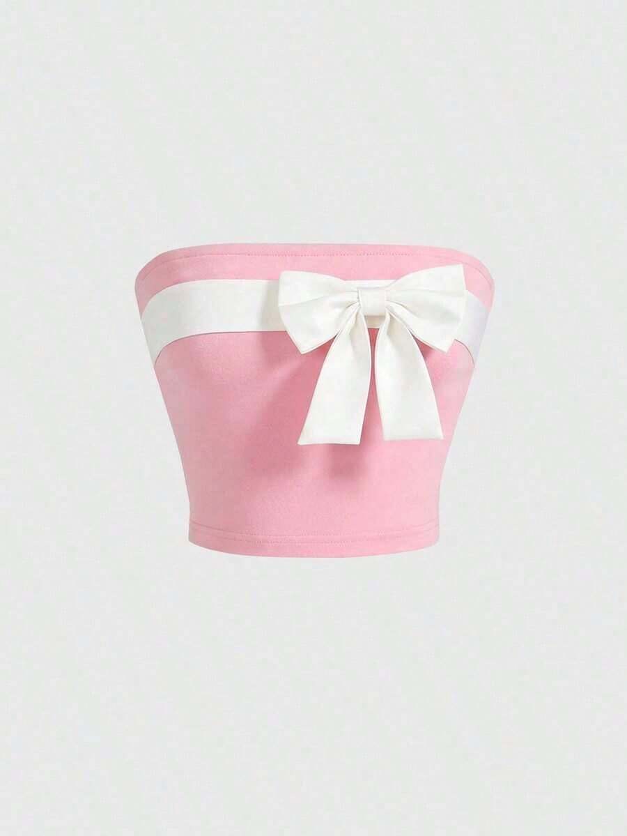 Top tubo ajustado de corte corto con lazo al frente, top sin tirantes de ajuste regular con bloqueo de color negro para dama, atuendos de fiesta/discoteca para primavera/verano - Rosa - Ver 1