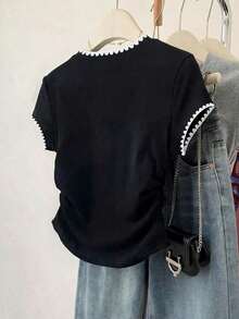 Camiseta con recogido en la cintura para mujer, estilo minimalista y elegante para el verano - Negro - Ver 2