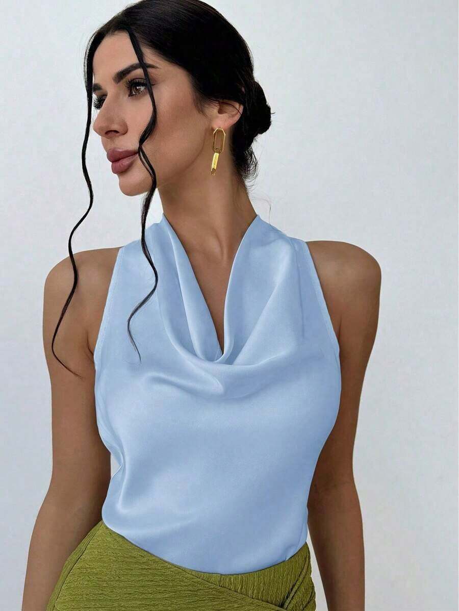 Blusa elegante minimalista con cuello drapeado y lazo delantero para mujeres, color albaricoque - Celeste - Ver 1