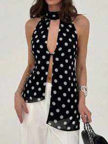 Top con cuello halter y espalda descubierta, asimétrico y sexy para mujer - Blanco y Negro - Ver 3