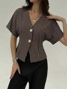 Camisa blanca sólida con mangas de murciélago, doble botonadura y frente abierto elegante - Marrón - Ver 4