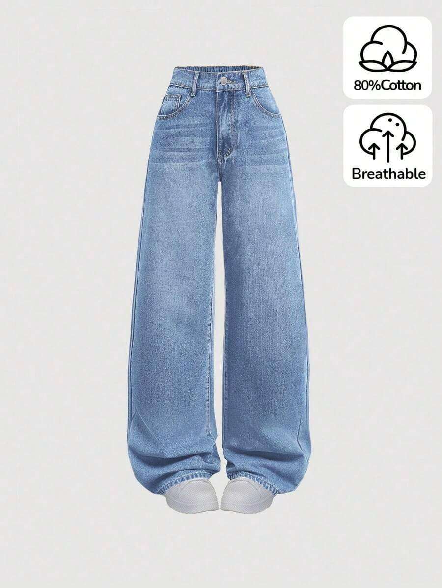 Jeans sencillos de uso diario con estampado de bigotes de gato para niñas adolescentes - Lavado ligero 4 - Ver 1